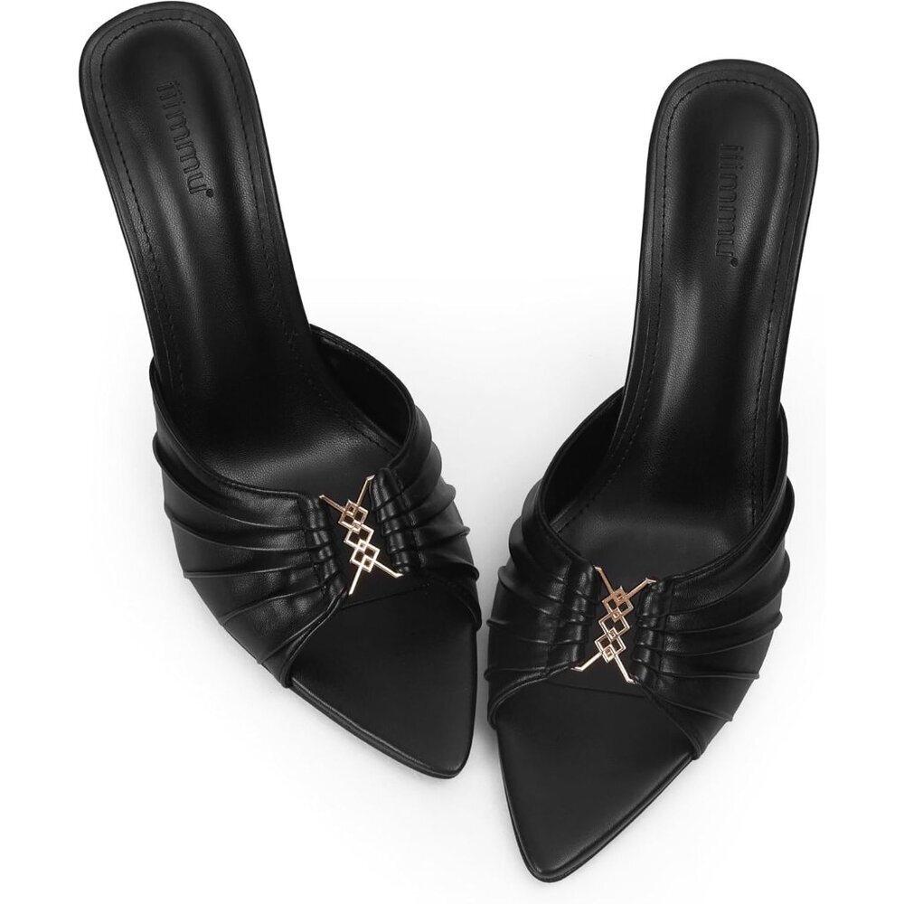 Women's Black Mules High Heels with Pointed Peep Toe Heeled Sandals Faux Leather